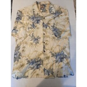 Tommy Bahama Dress Shirt Mens Large Beige Blue Floral Silk Hawaiian Button Up